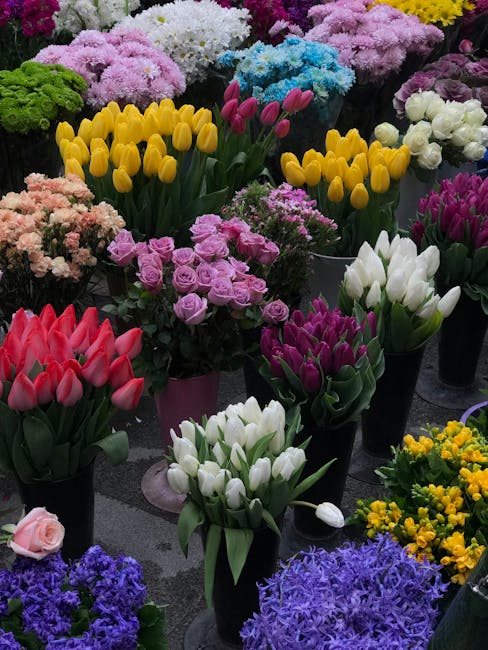 A vibrant display of fresh flowers arranged in black and purple pots on a flower market stand. The arrangement features yellow tulips with elongated petals, pink tulips with smooth, rounded petals, wh