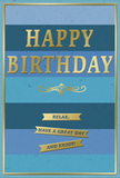A refined birthday card in tranquil blues and radiant gold is shown in close detail, its atmosphere as relaxed and welcoming as a stroll through central Twickenham on a sunny afternoon. The card is composed of broad horizontal stripes that graduate from a dark navy at the top to mid-blue, then into cool teal and finally a pale, airy blue at the bottom, creating a smooth ombre effect that feels peaceful and contemporary. Centered on this layered background is the message HAPPY BIRTHDAY, rendered in generous, embossed gold capitals. The metallic letters are slightly raised, their soft sheen catching the light like a hint of sunshine reflecting off the Thames. Beneath this greeting, a delicate golden flourish sweeps gracefully from side to side, its elegant curves adding a timeless, almost classical touch. Below this flourish, three slim gold banners are arranged in a tidy vertical stack, each ribbon carrying part of a kind, simple sentiment that together reads: Relax, have a great day and enjoy! The gold elements appear crisp and lustrous against the matte blues, offering a pleasing contrast of textures. A narrow gold border encircles the entire design, giving the card a framed, gallery-like appearance, as though it were a small artwork rather than just stationery. The overall feeling is one of gentle, sincere celebration, well suited to someone who prefers thoughtful gestures over anything too bold. It is easy to imagine this card propped beside a vase of fresh birthday flowers delivered across Twickenham, lending a quiet sparkle to a breakfast table or living room shelf on their special day.